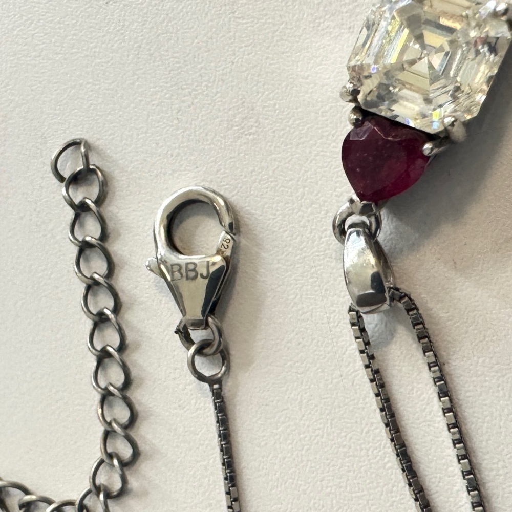 Vintage BBJ Strontium Titanate & Ruby Rhodium Over Sterling Pendant Necklace - Picture 8 of 11